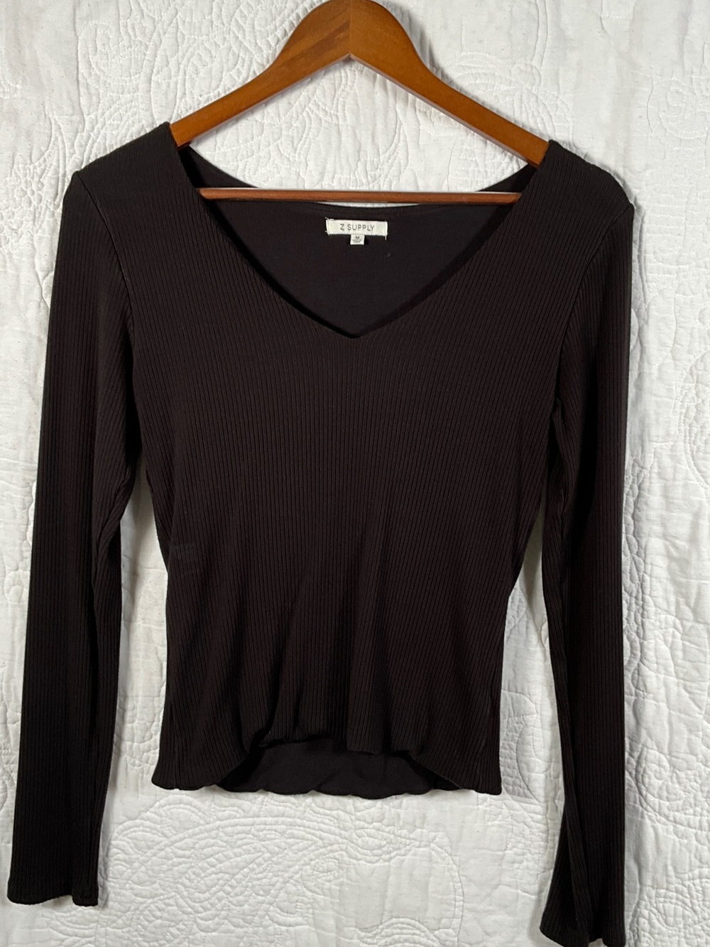 Z Supply Black Ribbed V-Neck Long Sleeve Top